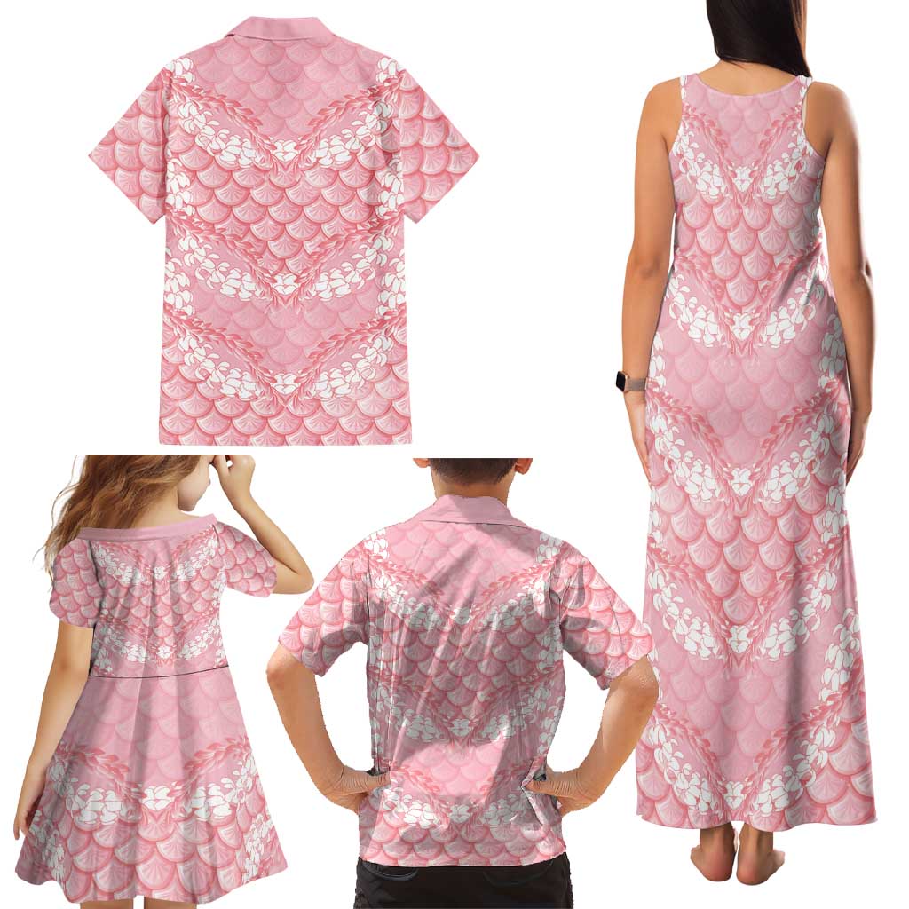 Soft Pink Mermaid Puakenikeni Maile Lei Family Matching Tank Maxi Dress and Hawaiian Shirt