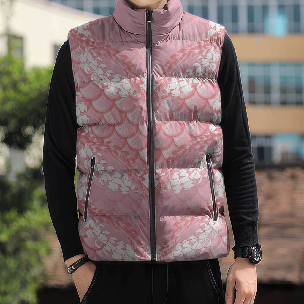 Soft Pink Mermaid Puakenikeni Maile Lei Sleeveless Puffer Jacket