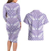 Lilac Mermaid Puakenikeni Maile Lei Couples Matching Long Sleeve Bodycon Dress and Hawaiian Shirt