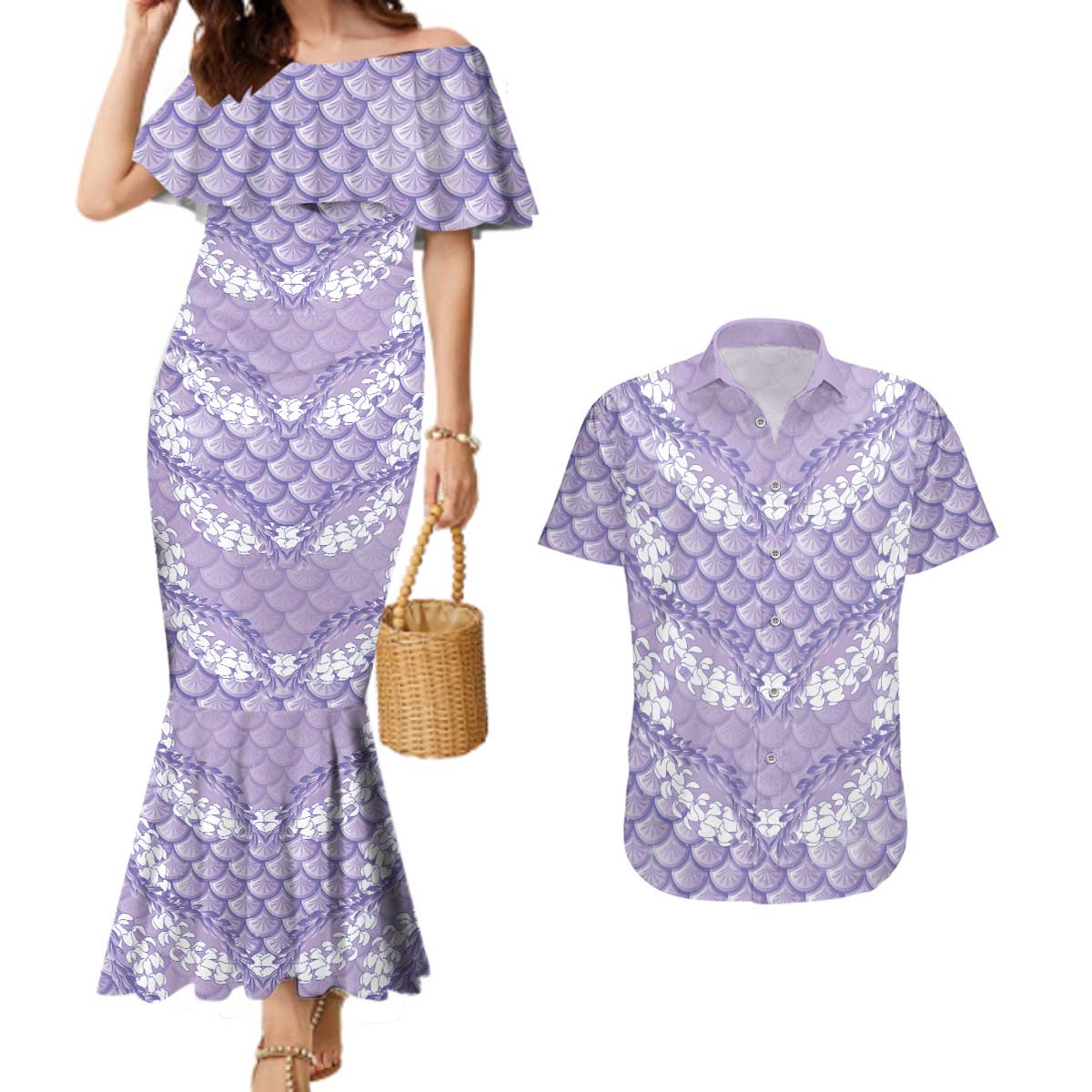 Lilac Mermaid Puakenikeni Maile Lei Couples Matching Mermaid Dress and Hawaiian Shirt