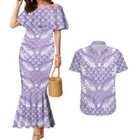 Lilac Mermaid Puakenikeni Maile Lei Couples Matching Mermaid Dress and Hawaiian Shirt