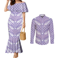 Lilac Mermaid Puakenikeni Maile Lei Couples Matching Mermaid Dress and Long Sleeve Button Shirt