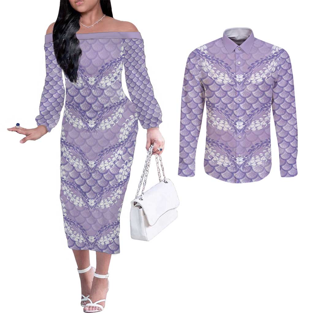 Lilac Mermaid Puakenikeni Maile Lei Couples Matching Off The Shoulder Long Sleeve Dress and Long Sleeve Button Shirt