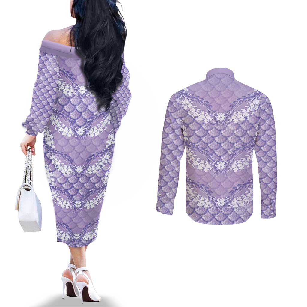 Lilac Mermaid Puakenikeni Maile Lei Couples Matching Off The Shoulder Long Sleeve Dress and Long Sleeve Button Shirt