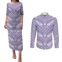 Lilac Mermaid Puakenikeni Maile Lei Couples Matching Puletasi and Long Sleeve Button Shirt LT01 Purple - Polynesian Pride