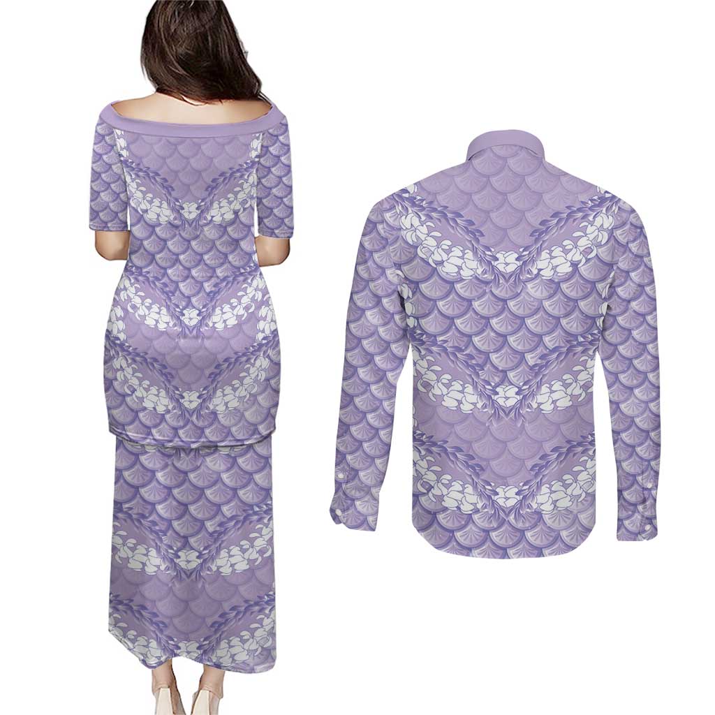 Lilac Mermaid Puakenikeni Maile Lei Couples Matching Puletasi and Long Sleeve Button Shirt LT01 - Polynesian Pride