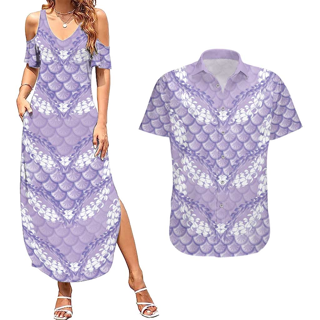 Lilac Mermaid Puakenikeni Maile Lei Couples Matching Summer Maxi Dress and Hawaiian Shirt