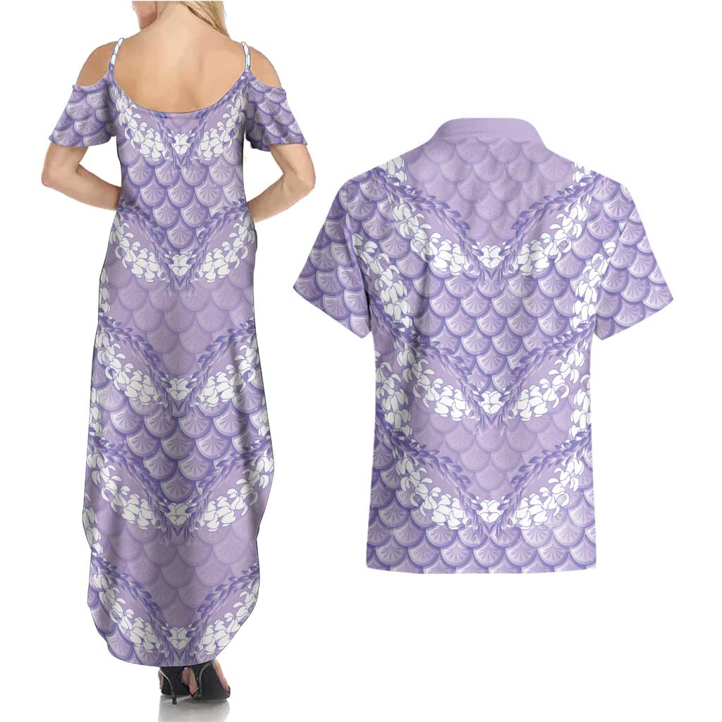 Lilac Mermaid Puakenikeni Maile Lei Couples Matching Summer Maxi Dress and Hawaiian Shirt