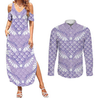 Lilac Mermaid Puakenikeni Maile Lei Couples Matching Summer Maxi Dress and Long Sleeve Button Shirt LT01 Purple - Polynesian Pride