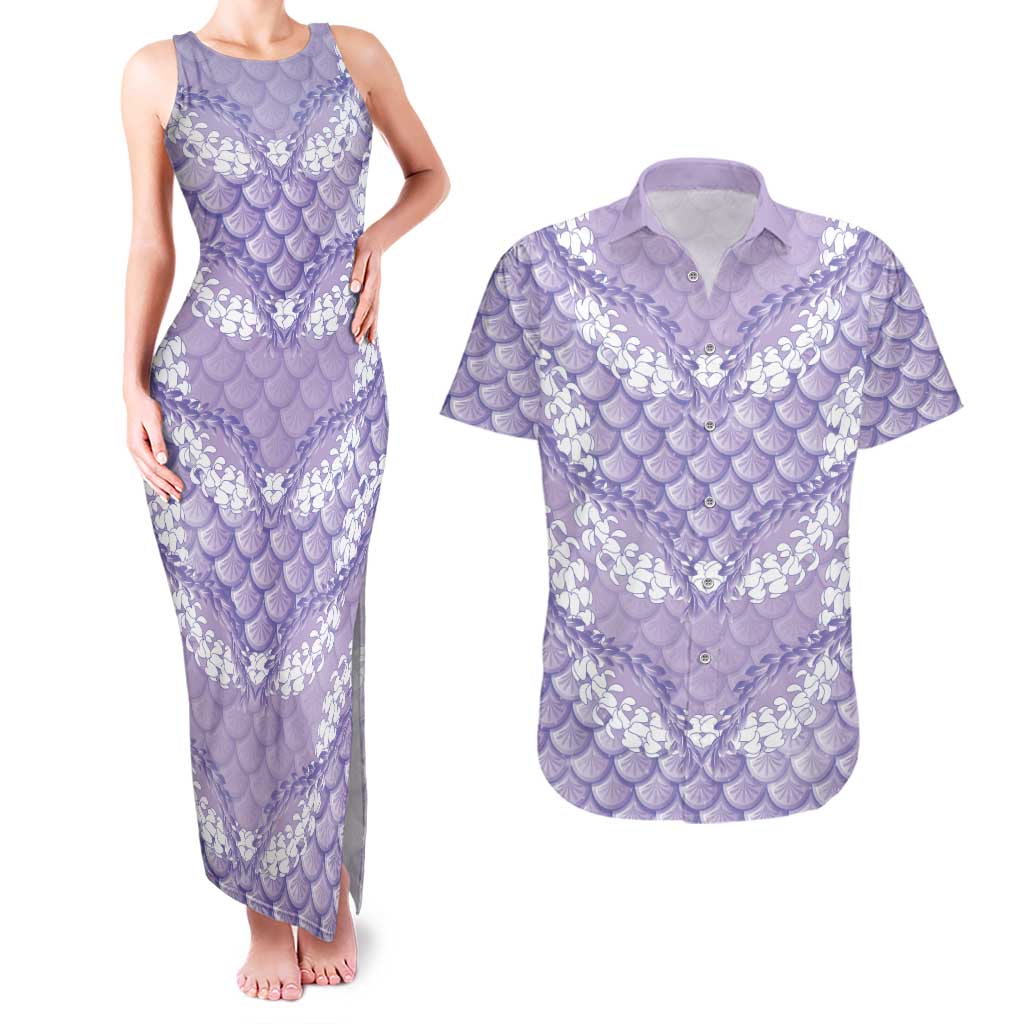 Lilac Mermaid Puakenikeni Maile Lei Couples Matching Tank Maxi Dress and Hawaiian Shirt