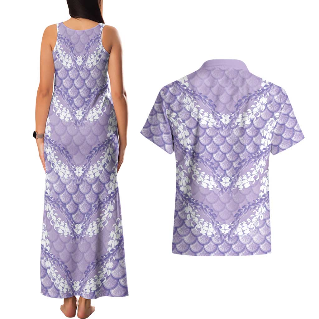 Lilac Mermaid Puakenikeni Maile Lei Couples Matching Tank Maxi Dress and Hawaiian Shirt
