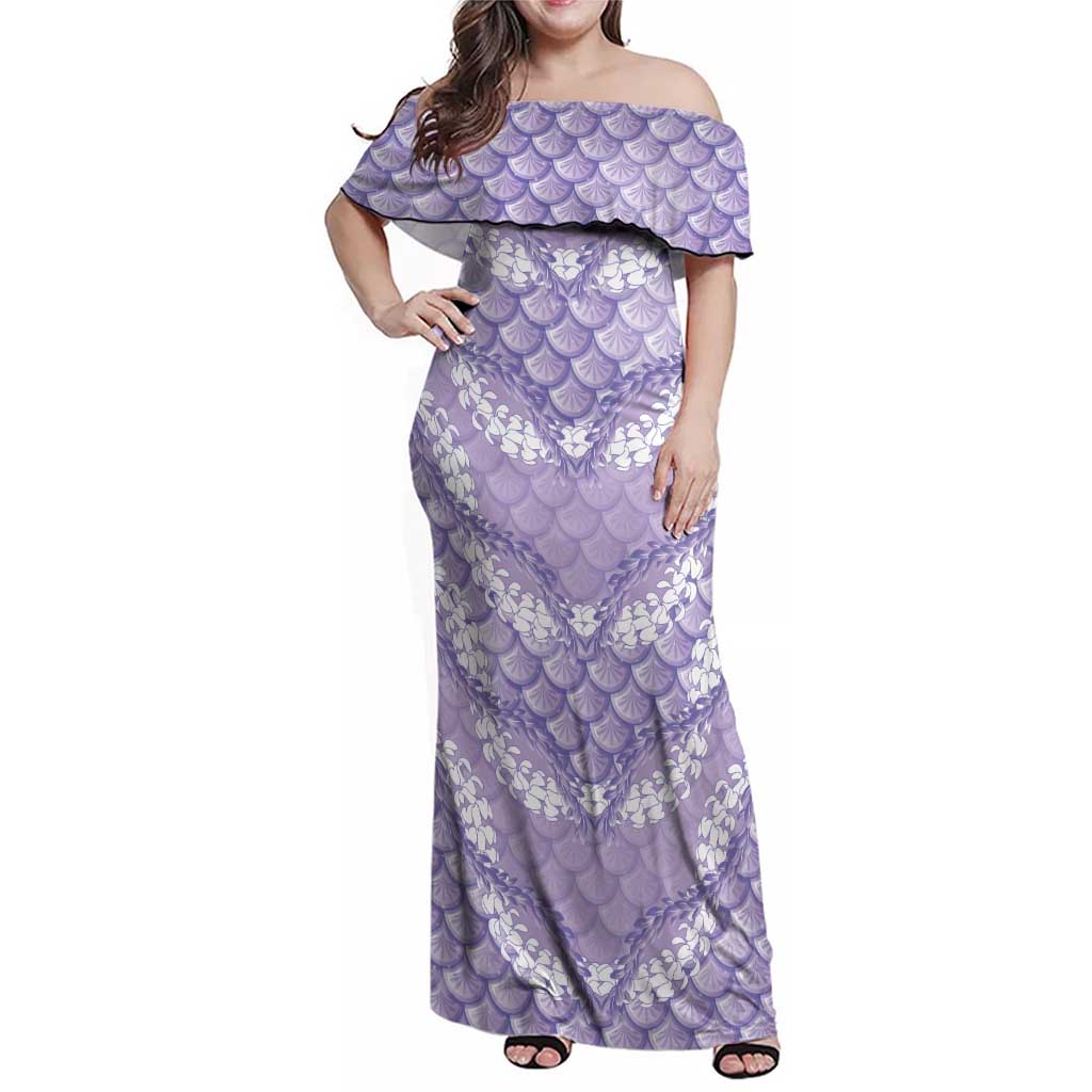 Lilac Mermaid Puakenikeni Maile Lei Family Matching Off Shoulder Maxi Dress and Hawaiian Shirt