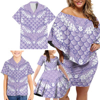 Lilac Mermaid Puakenikeni Maile Lei Family Matching Off Shoulder Short Dress and Hawaiian Shirt