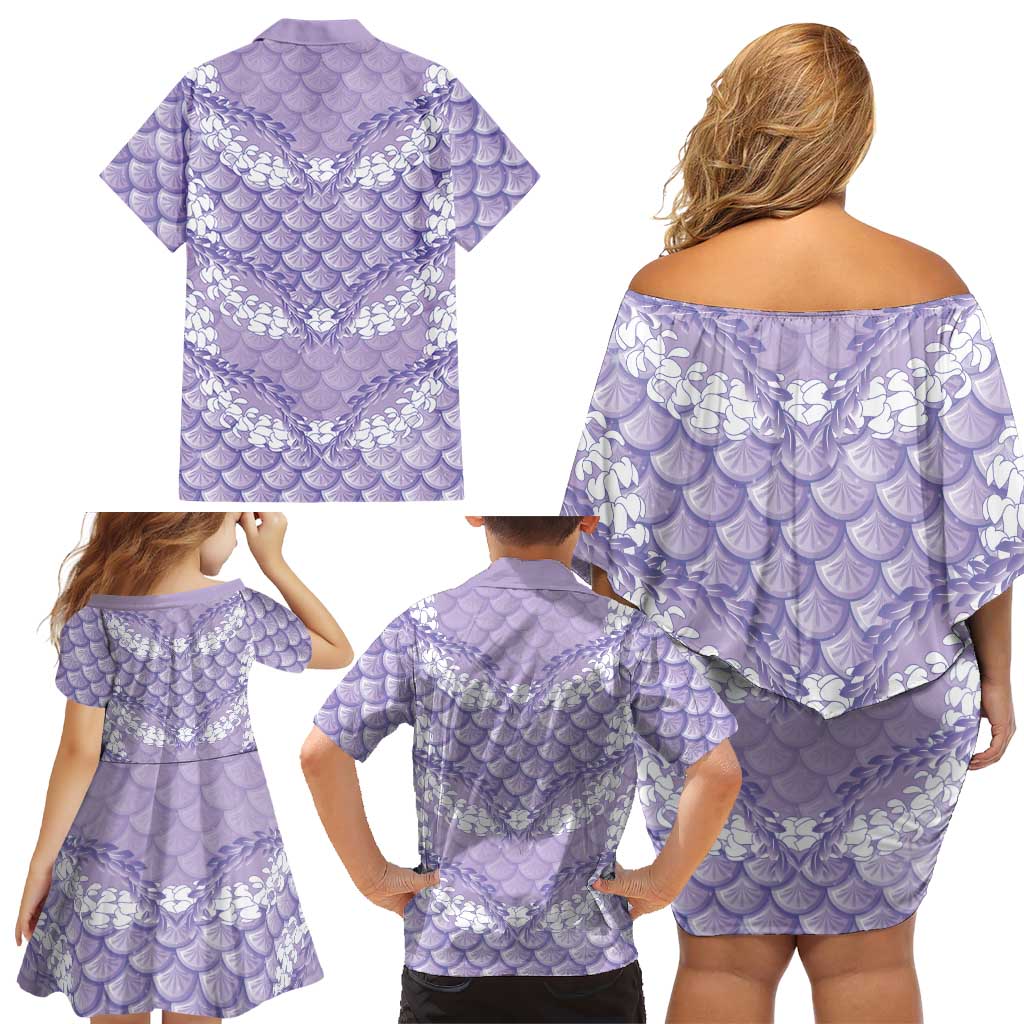 Lilac Mermaid Puakenikeni Maile Lei Family Matching Off Shoulder Short Dress and Hawaiian Shirt