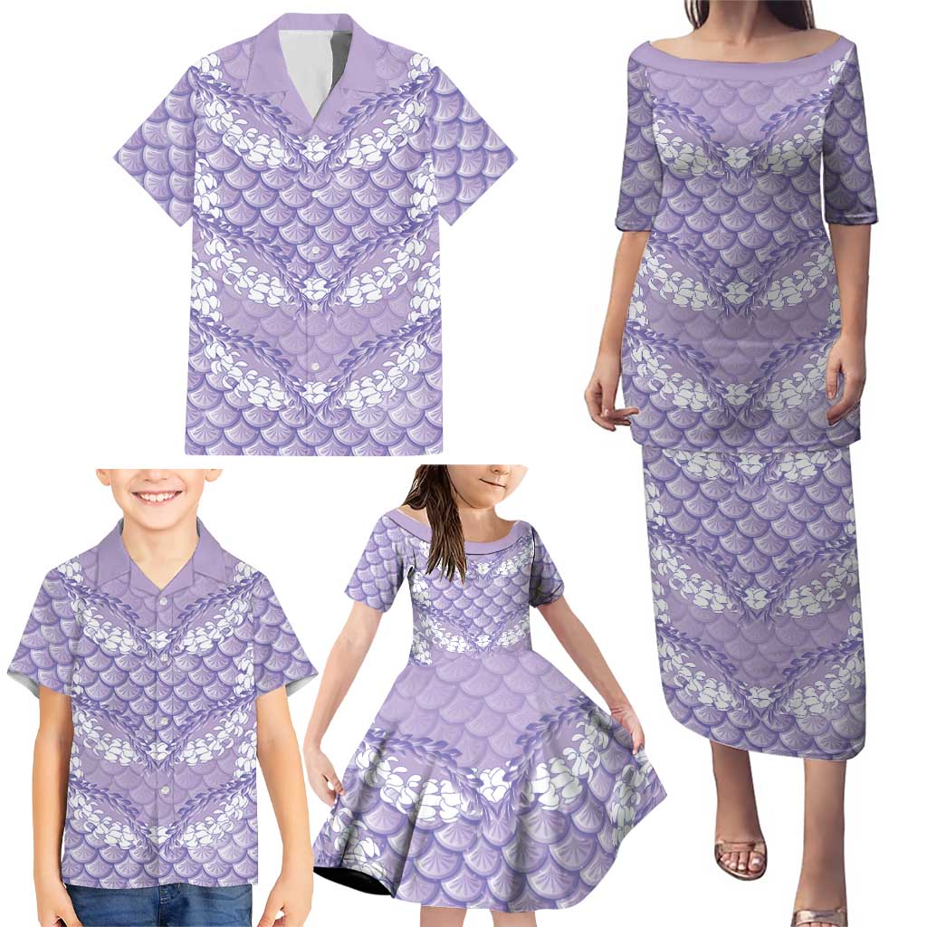 Lilac Mermaid Puakenikeni Maile Lei Family Matching Puletasi and Hawaiian Shirt