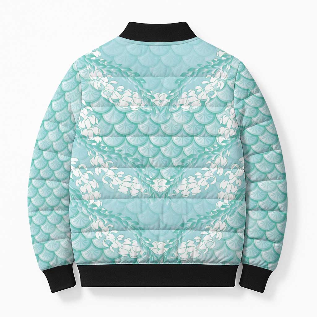 Light Turquoise Mermaid Puakenikeni Maile Lei Bomber Puffer Jacket