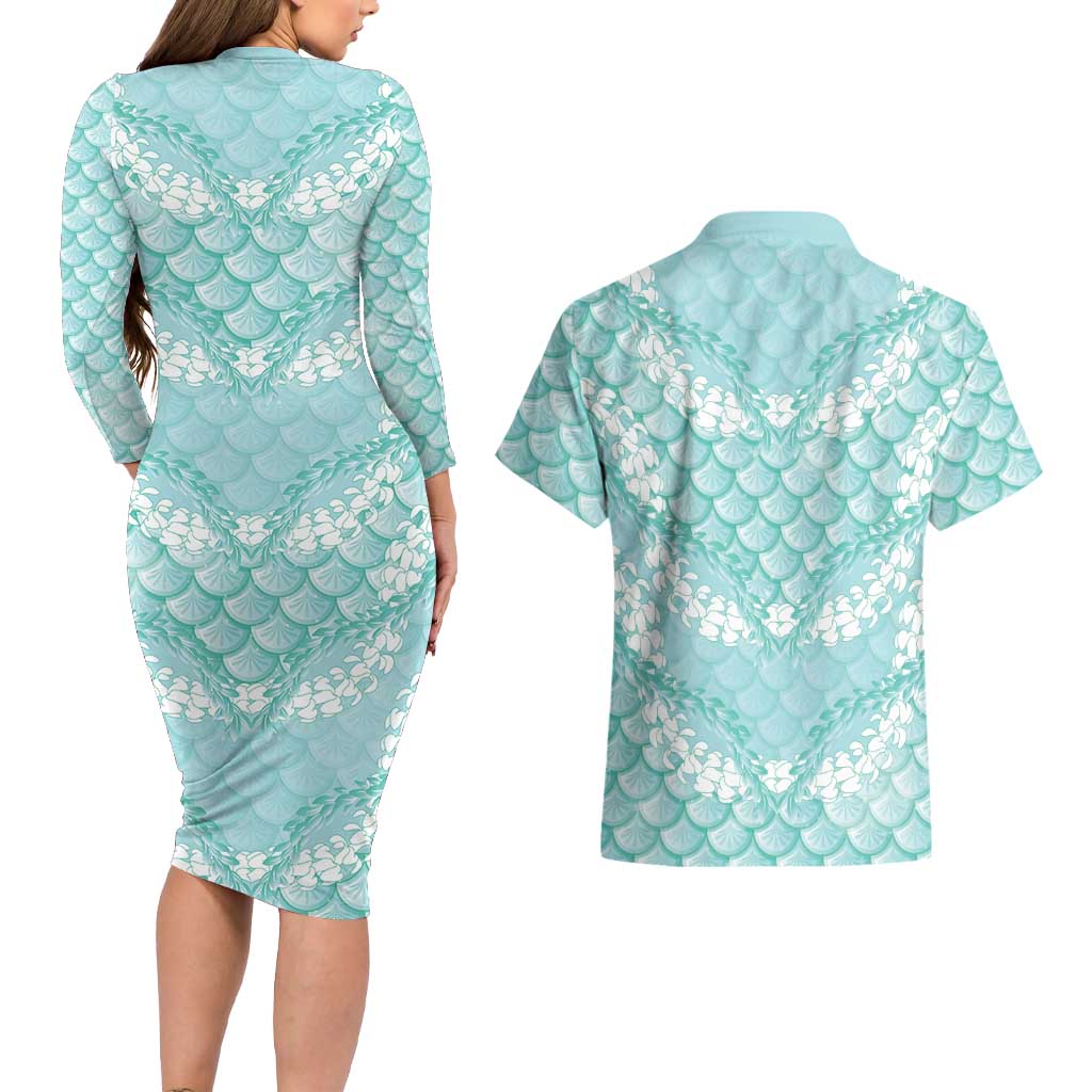 Light Turquoise Mermaid Puakenikeni Maile Lei Couples Matching Long Sleeve Bodycon Dress and Hawaiian Shirt