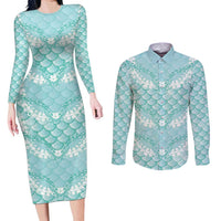 Light Turquoise Mermaid Puakenikeni Maile Lei Couples Matching Long Sleeve Bodycon Dress and Long Sleeve Button Shirt