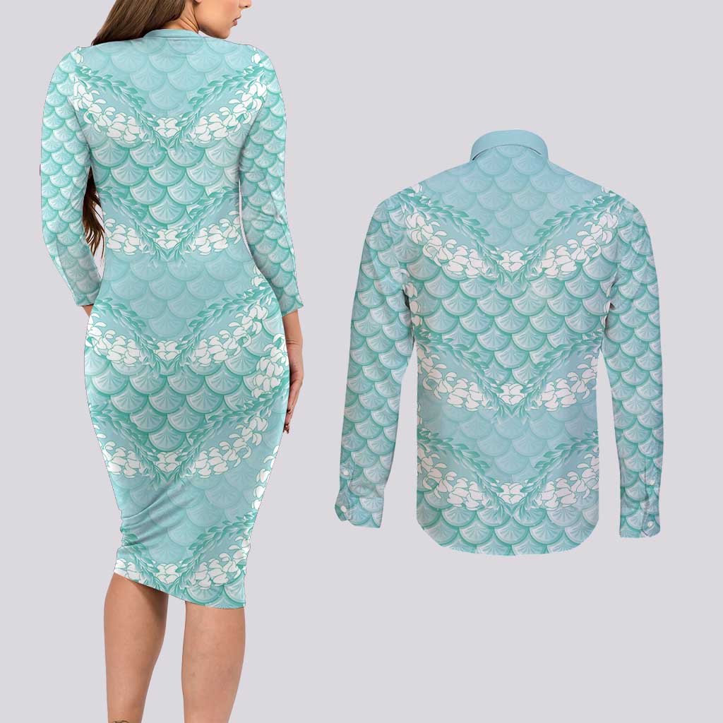 Light Turquoise Mermaid Puakenikeni Maile Lei Couples Matching Long Sleeve Bodycon Dress and Long Sleeve Button Shirt