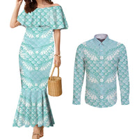 Light Turquoise Mermaid Puakenikeni Maile Lei Couples Matching Mermaid Dress and Long Sleeve Button Shirt