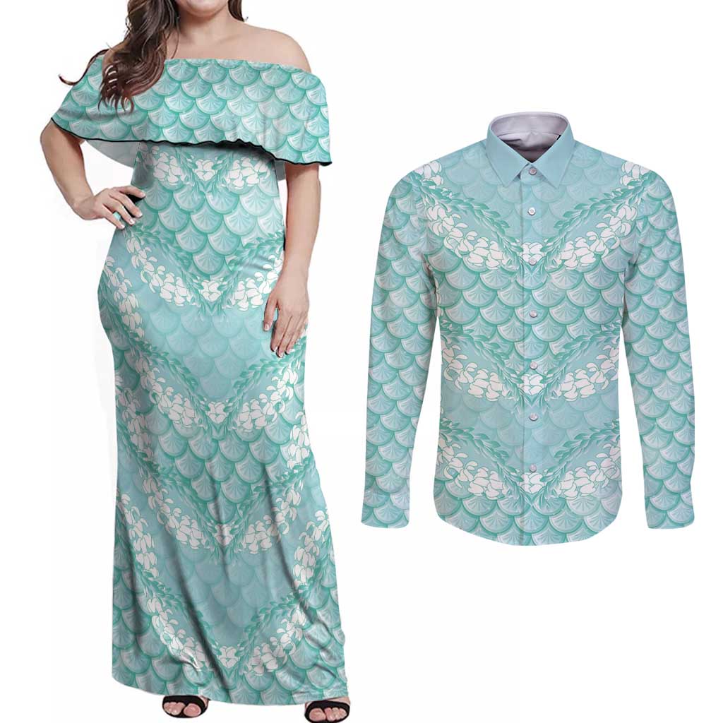 Light Turquoise Mermaid Puakenikeni Maile Lei Couples Matching Off Shoulder Maxi Dress and Long Sleeve Button Shirt LT01 Turquoise - Polynesian Pride
