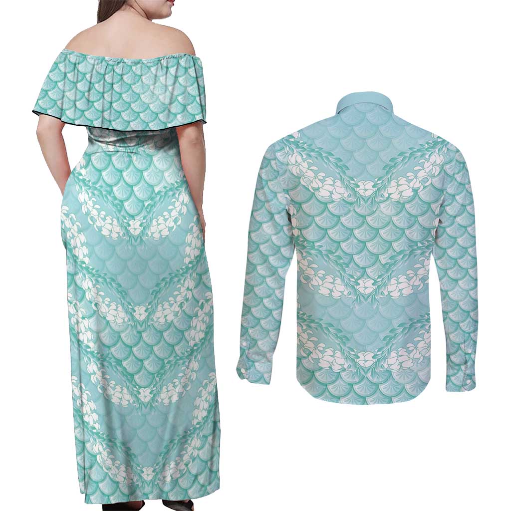 Light Turquoise Mermaid Puakenikeni Maile Lei Couples Matching Off Shoulder Maxi Dress and Long Sleeve Button Shirt LT01 - Polynesian Pride