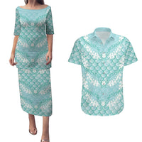 Light Turquoise Mermaid Puakenikeni Maile Lei Couples Matching Puletasi and Hawaiian Shirt