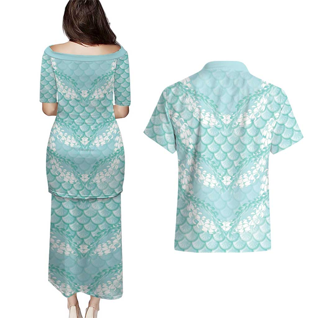 Light Turquoise Mermaid Puakenikeni Maile Lei Couples Matching Puletasi and Hawaiian Shirt