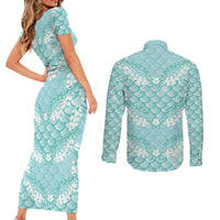 Light Turquoise Mermaid Puakenikeni Maile Lei Couples Matching Short Sleeve Bodycon Dress and Long Sleeve Button Shirt
