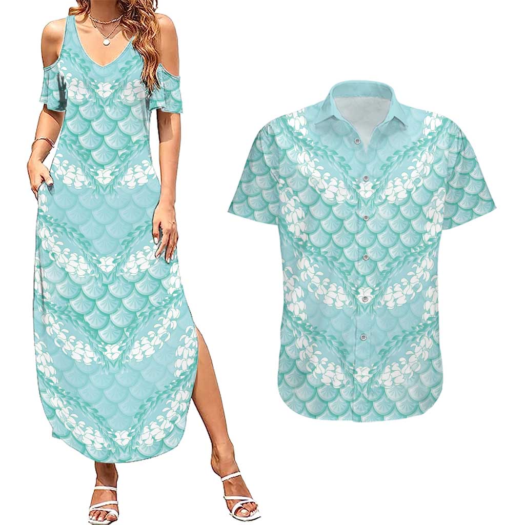 Light Turquoise Mermaid Puakenikeni Maile Lei Couples Matching Summer Maxi Dress and Hawaiian Shirt