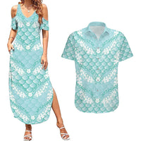 Light Turquoise Mermaid Puakenikeni Maile Lei Couples Matching Summer Maxi Dress and Hawaiian Shirt