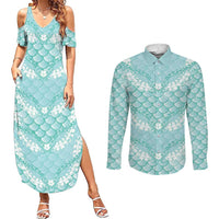 Light Turquoise Mermaid Puakenikeni Maile Lei Couples Matching Summer Maxi Dress and Long Sleeve Button Shirt