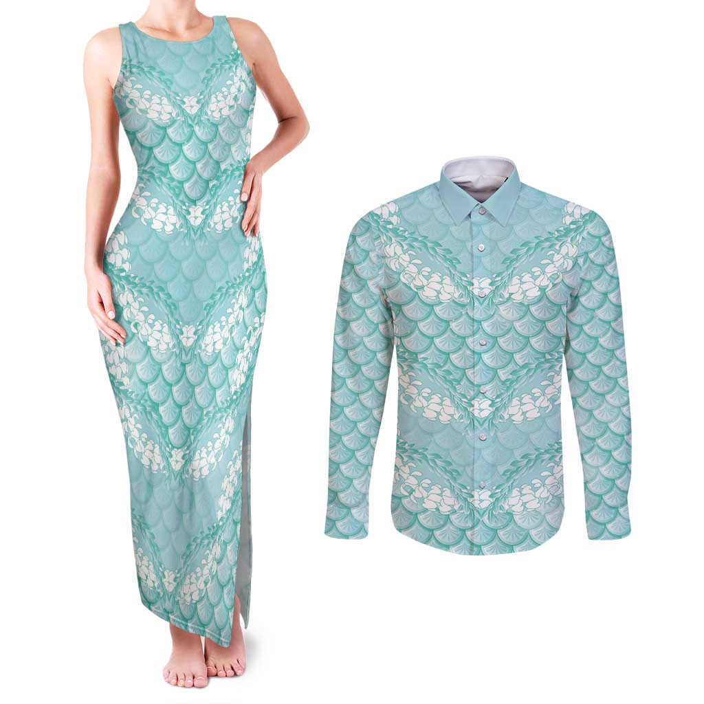 Light Turquoise Mermaid Puakenikeni Maile Lei Couples Matching Tank Maxi Dress and Long Sleeve Button Shirt