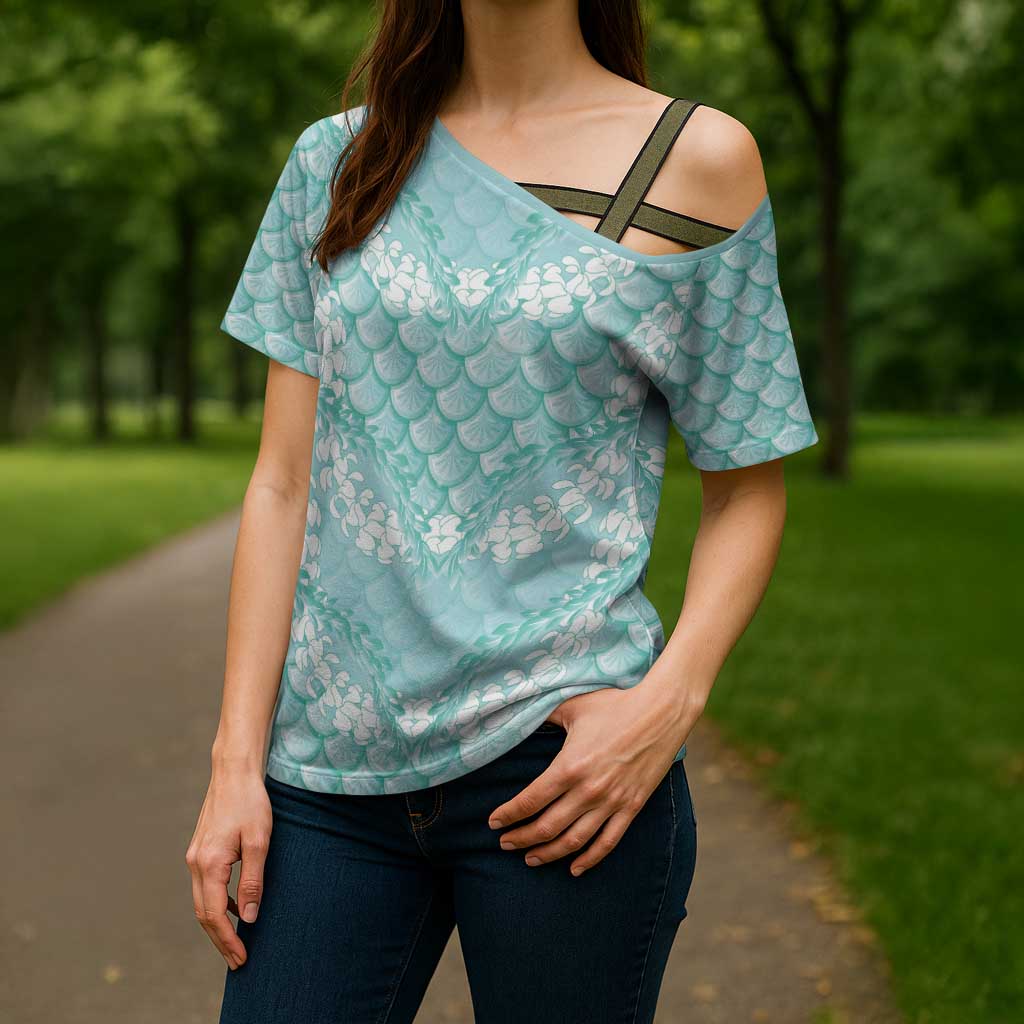 Light Turquoise Mermaid Puakenikeni Maile Lei Cross Shoulder Shirt