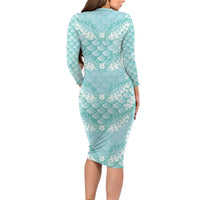 Light Turquoise Mermaid Puakenikeni Maile Lei Family Matching Long Sleeve Bodycon Dress and Hawaiian Shirt