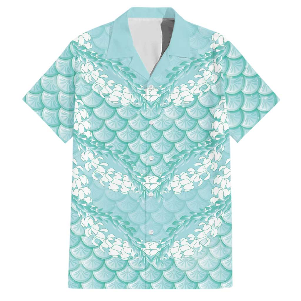 Light Turquoise Mermaid Puakenikeni Maile Lei Family Matching Off The Shoulder Long Sleeve Dress and Hawaiian Shirt