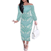 Light Turquoise Mermaid Puakenikeni Maile Lei Family Matching Off The Shoulder Long Sleeve Dress and Hawaiian Shirt