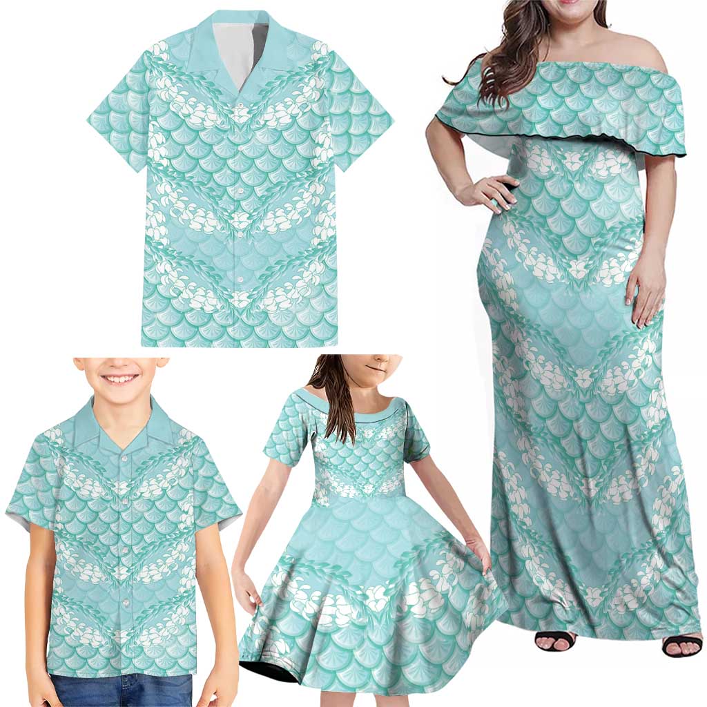 Light Turquoise Mermaid Puakenikeni Maile Lei Family Matching Off Shoulder Maxi Dress and Hawaiian Shirt