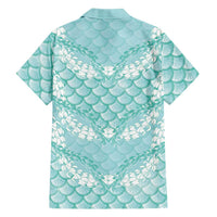 Light Turquoise Mermaid Puakenikeni Maile Lei Family Matching Off Shoulder Maxi Dress and Hawaiian Shirt