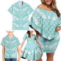 Light Turquoise Mermaid Puakenikeni Maile Lei Family Matching Off Shoulder Short Dress and Hawaiian Shirt