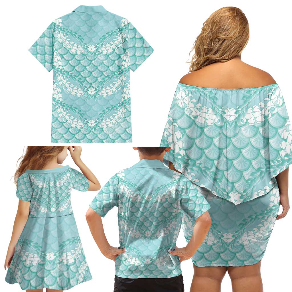 Light Turquoise Mermaid Puakenikeni Maile Lei Family Matching Off Shoulder Short Dress and Hawaiian Shirt