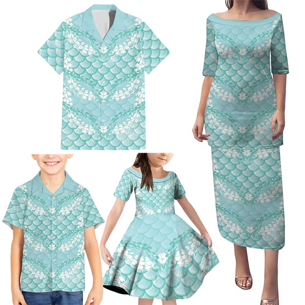 Light Turquoise Mermaid Puakenikeni Maile Lei Family Matching Puletasi and Hawaiian Shirt