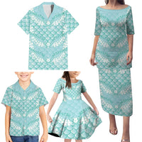 Light Turquoise Mermaid Puakenikeni Maile Lei Family Matching Puletasi and Hawaiian Shirt
