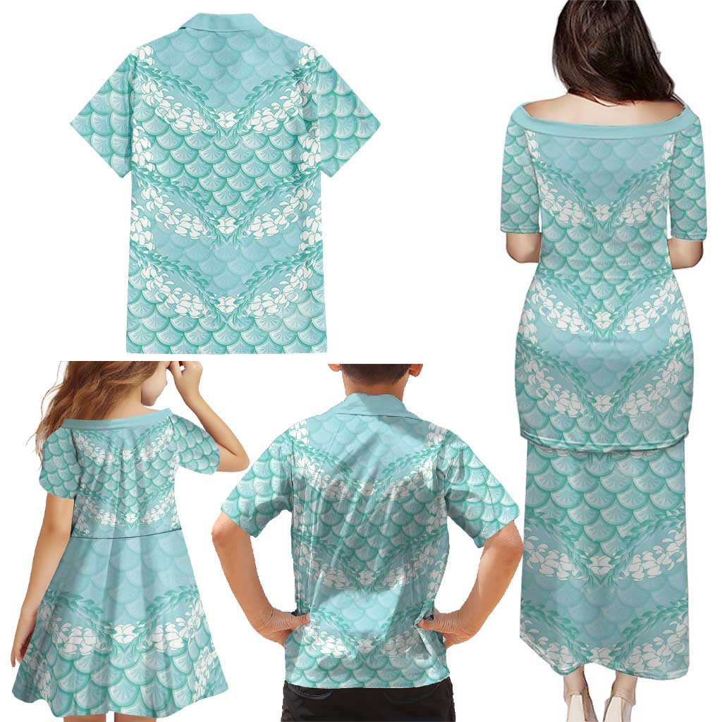 Light Turquoise Mermaid Puakenikeni Maile Lei Family Matching Puletasi and Hawaiian Shirt