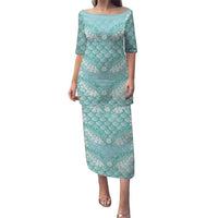 Light Turquoise Mermaid Puakenikeni Maile Lei Family Matching Puletasi and Hawaiian Shirt