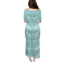 Light Turquoise Mermaid Puakenikeni Maile Lei Family Matching Puletasi and Hawaiian Shirt