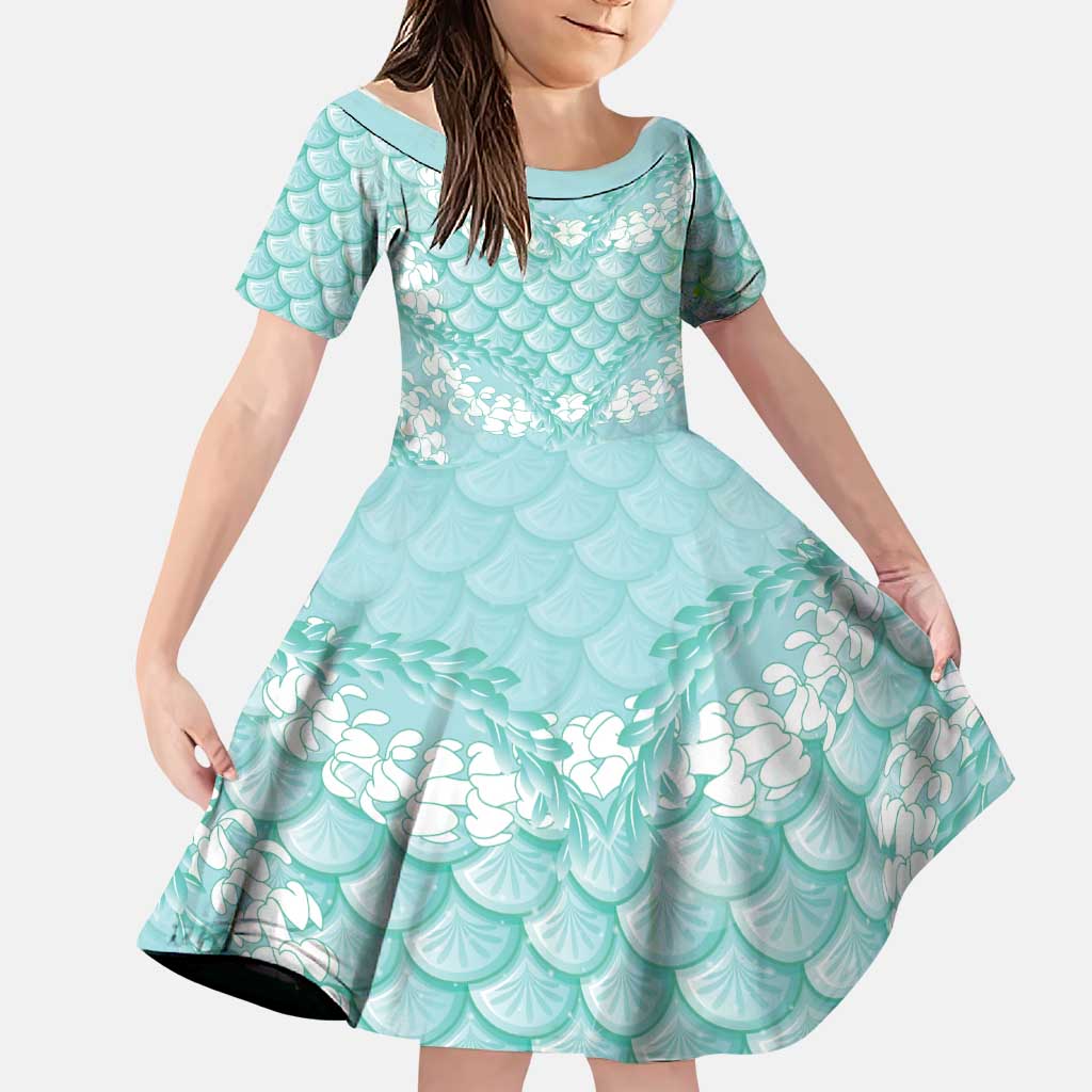 Light Turquoise Mermaid Puakenikeni Maile Lei Family Matching Short Sleeve Bodycon Dress and Hawaiian Shirt