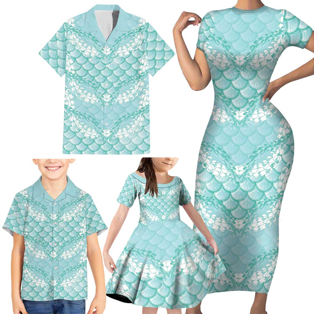 Light Turquoise Mermaid Puakenikeni Maile Lei Family Matching Short Sleeve Bodycon Dress and Hawaiian Shirt