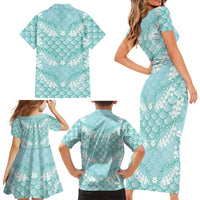 Light Turquoise Mermaid Puakenikeni Maile Lei Family Matching Short Sleeve Bodycon Dress and Hawaiian Shirt