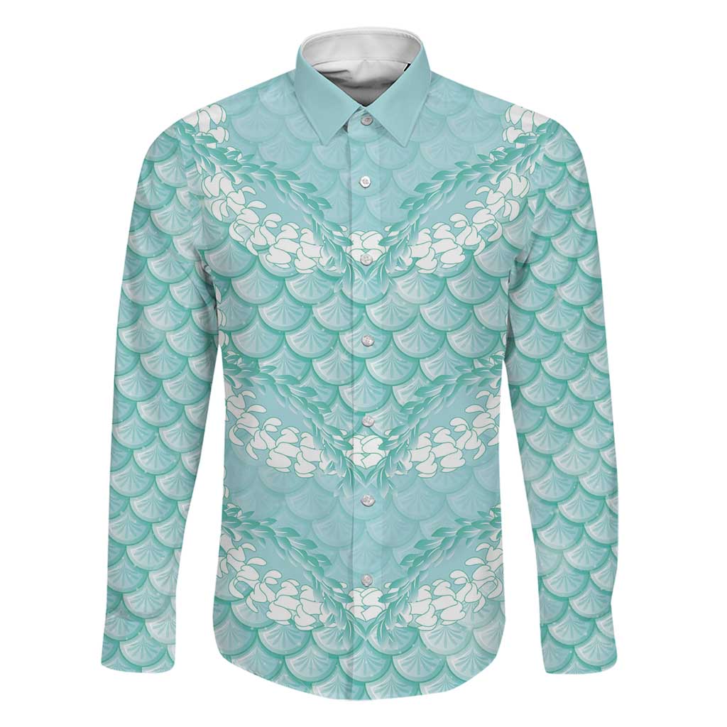 Light Turquoise Mermaid Puakenikeni Maile Lei Family Matching Short Sleeve Bodycon Dress and Hawaiian Shirt